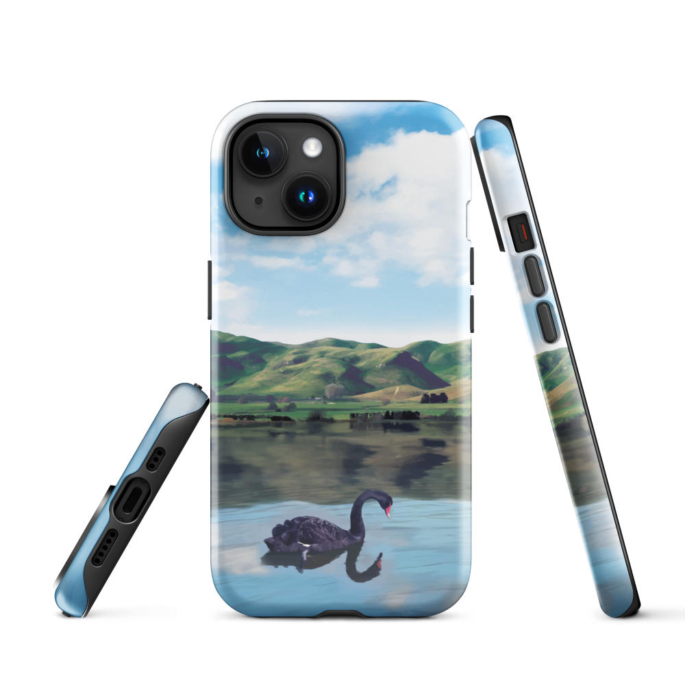 Phone case with a black swan on a calm lake, New Zealand hills in the background. Art by NZ designer Ben Hart.