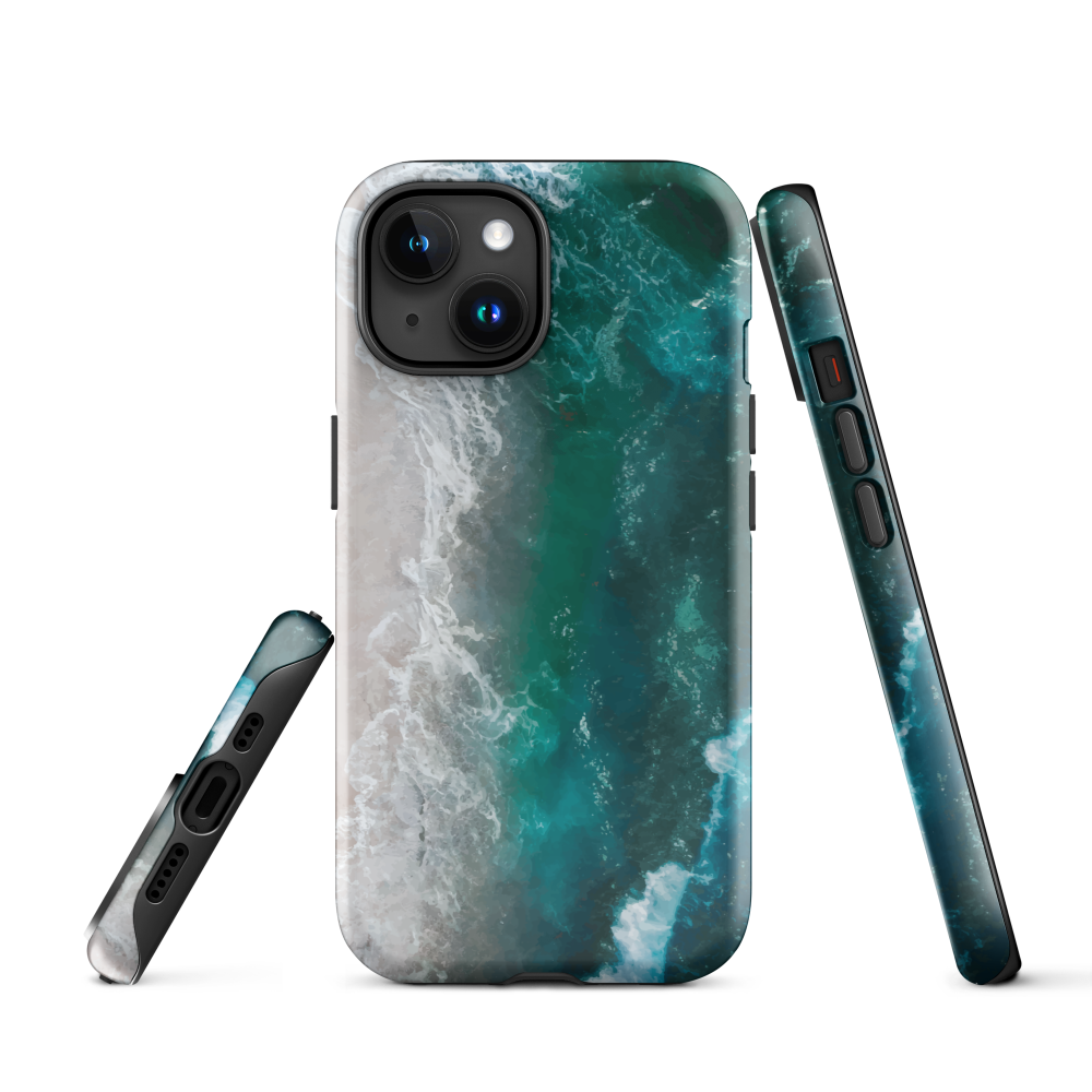 Ocean wave phone case with abstract beach design in teal and white, by NZ artist Ben Hart.