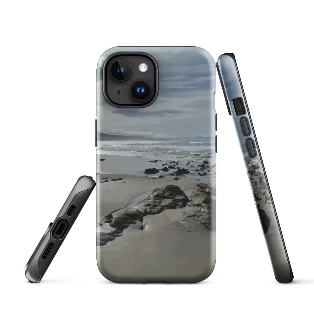 Phone case with artwork of Riversdale Beach, Masterton – rocks, waves and sky by NZ artist Ben Hart.