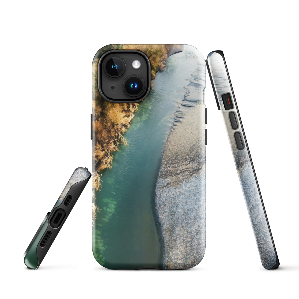 Phone case with aerial riverbend artwork and earthy tones, designed by New Zealand artist Ben Hart.