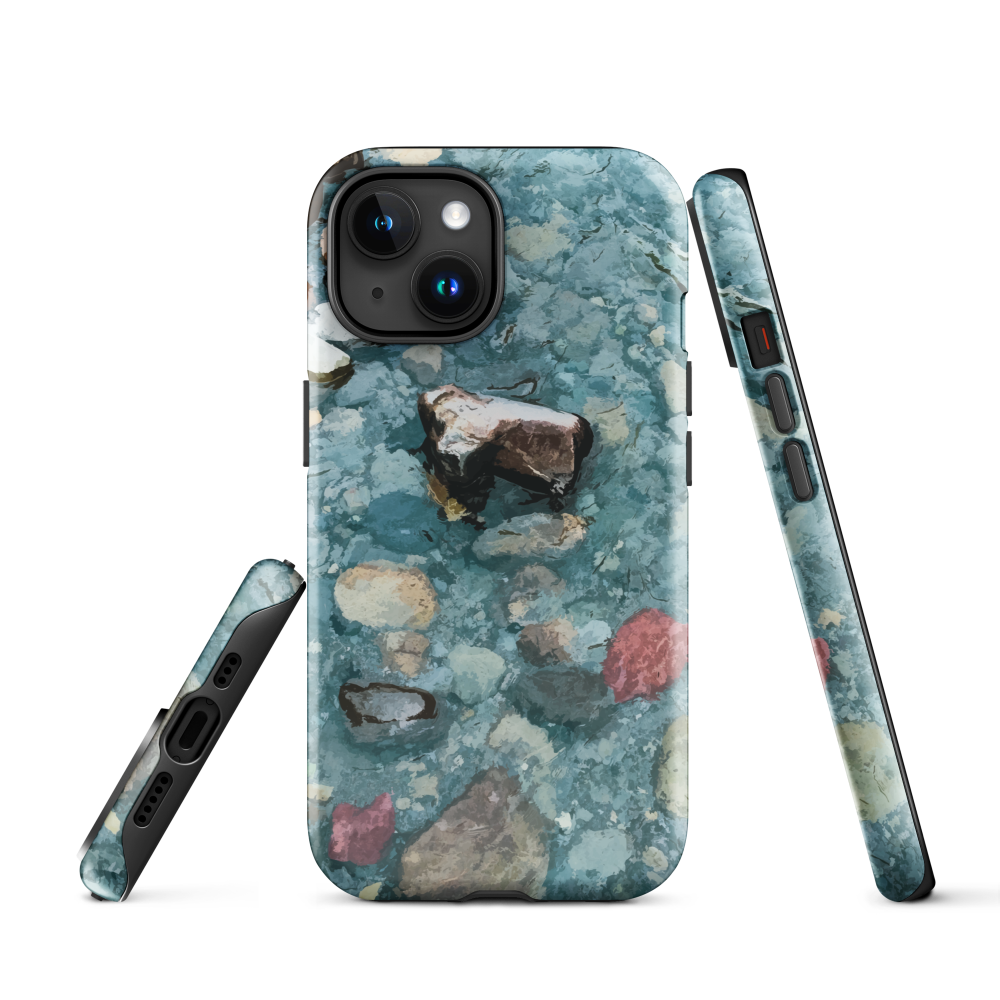 Washed Away designer phone case with abstract river stone artwork in earthy blues and natural tones.