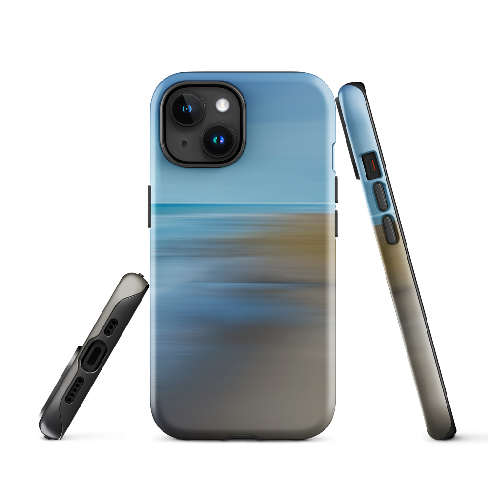 Ocean Breeze phone case with abstract blue and sandy tones inspired by sea and sky.