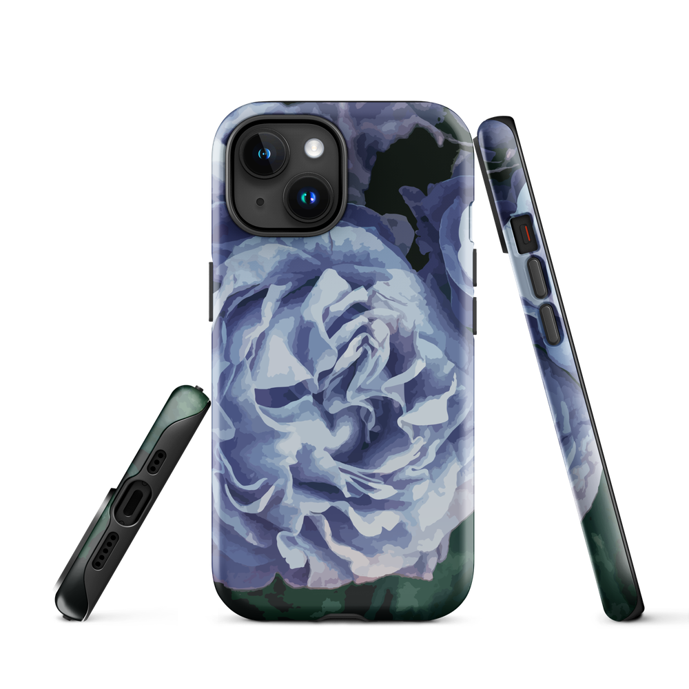 Designer phone case with a bold blue rose artwork and glossy finish.