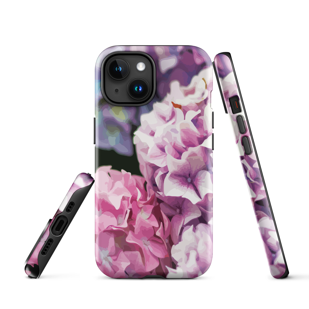 Designer phone case with pink and purple hydrangea floral artwork.