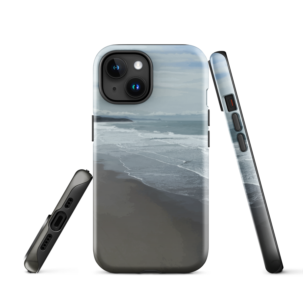 Phone case with a scenic photo of Riversdale Beach and ocean waves.