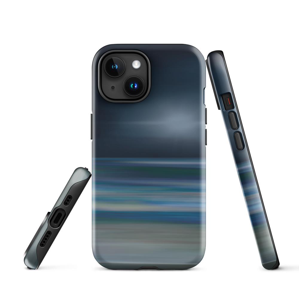 Dark abstract phone case with blue and grey streaks and glossy finish.