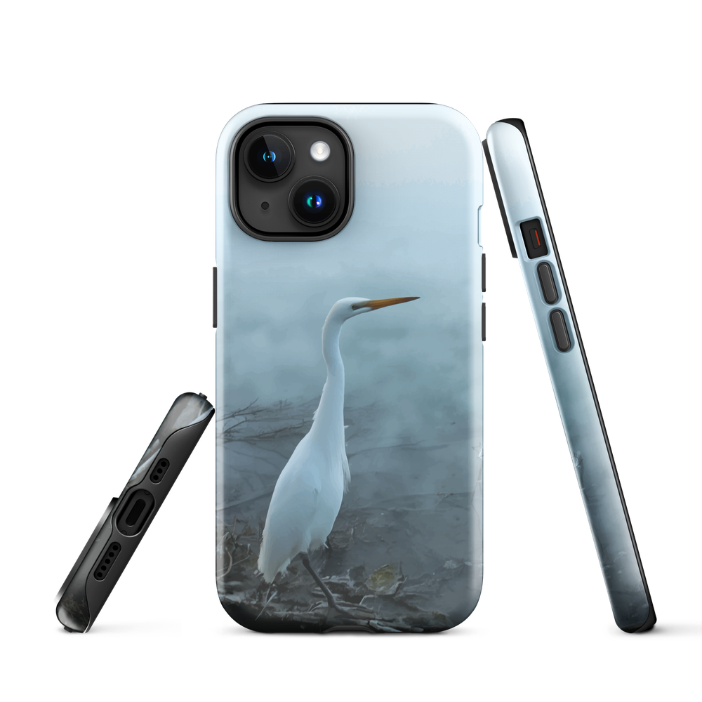 Phone case with a white heron standing in a misty wetland scene.