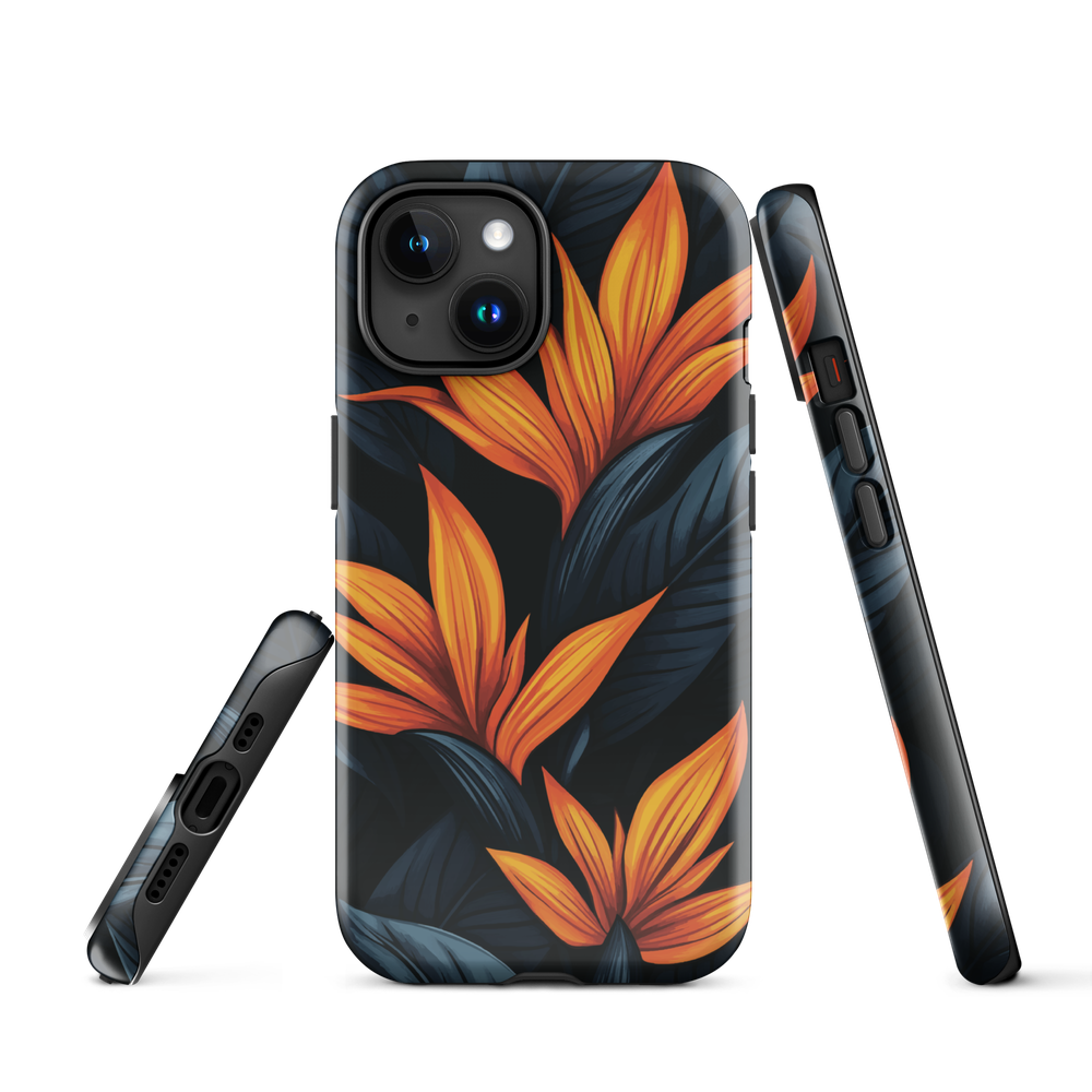 Phone case with bold orange bird of paradise flowers on dark background.