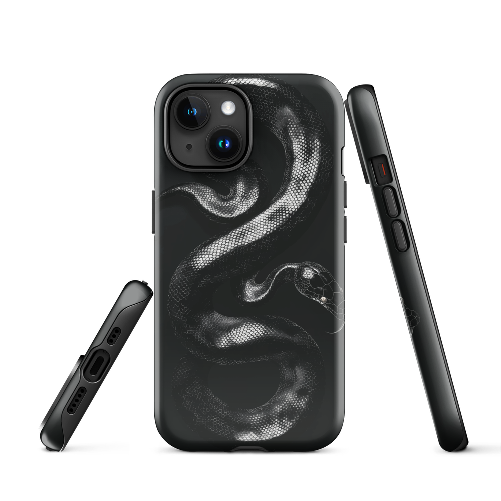 Phone case with detailed black python design on dark background.