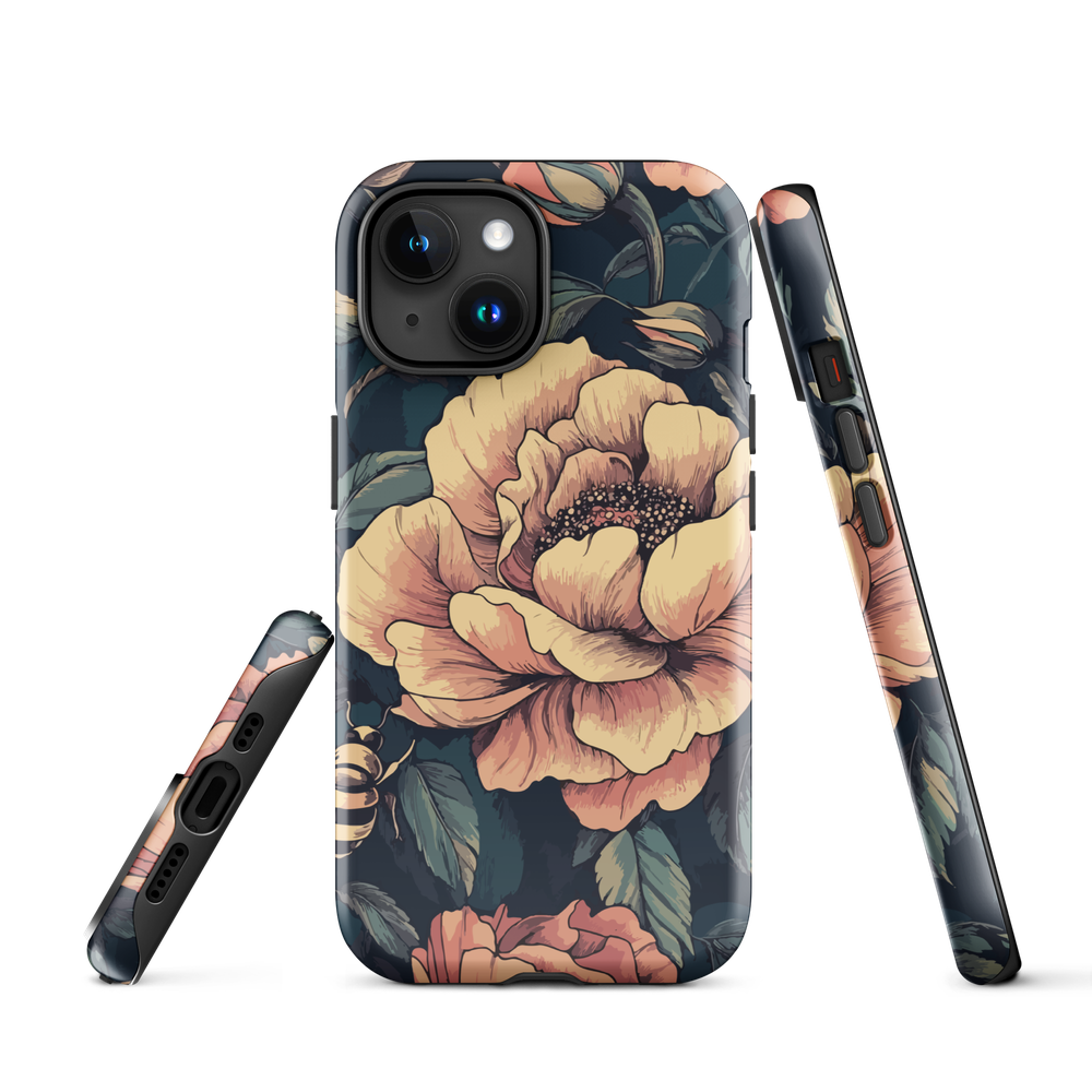 Phone case with vintage-style pink roses and bees on dark background, floral New Zealand artwork.