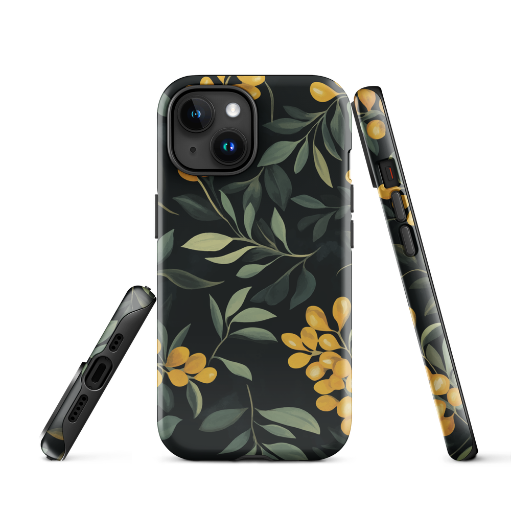 NZ Kowhai phone case with native yellow floral and green leaves on black background by designer Ben Hart.