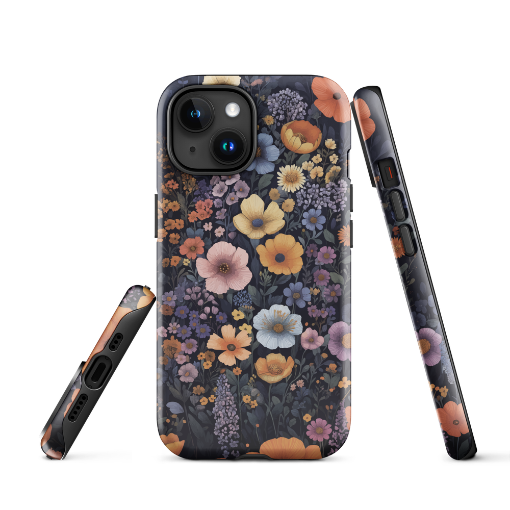 Phone case with colourful wildflowers on dark background, floral art design