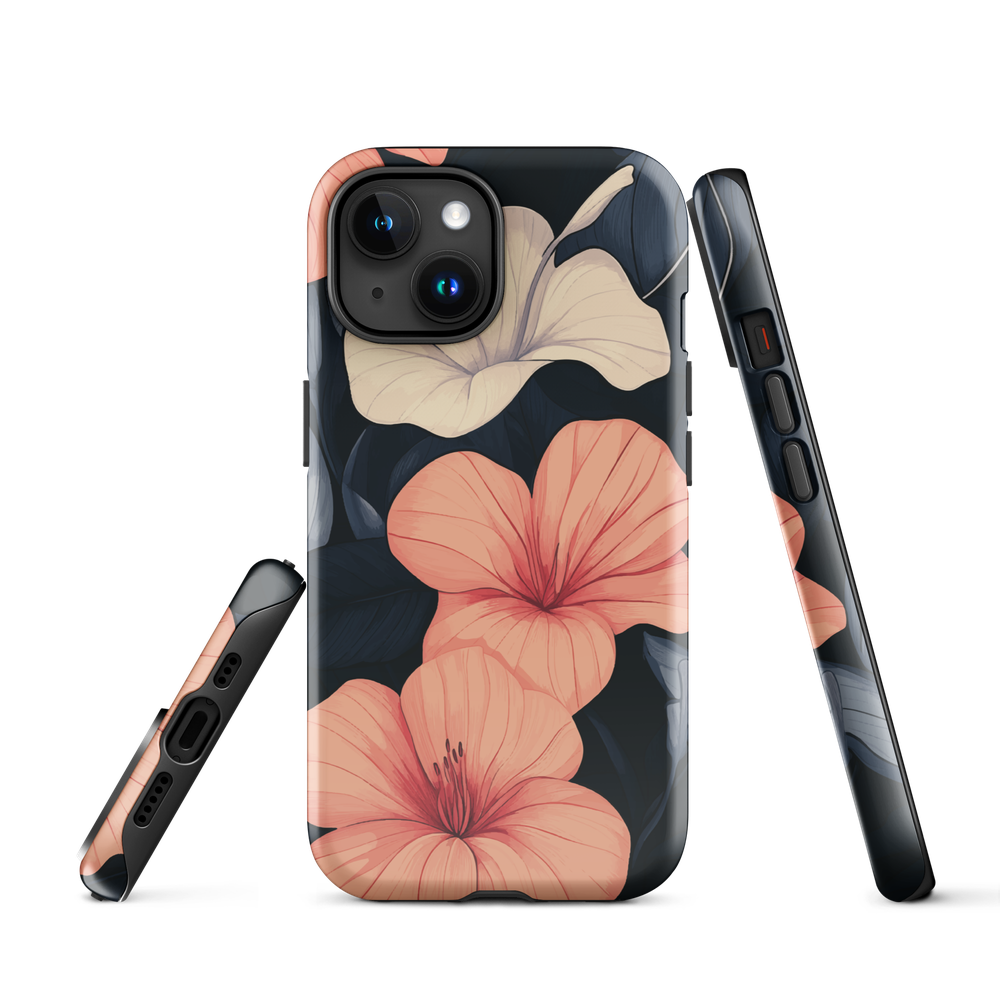 Phone case with coral hibiscus flowers and ivory blooms on dark background