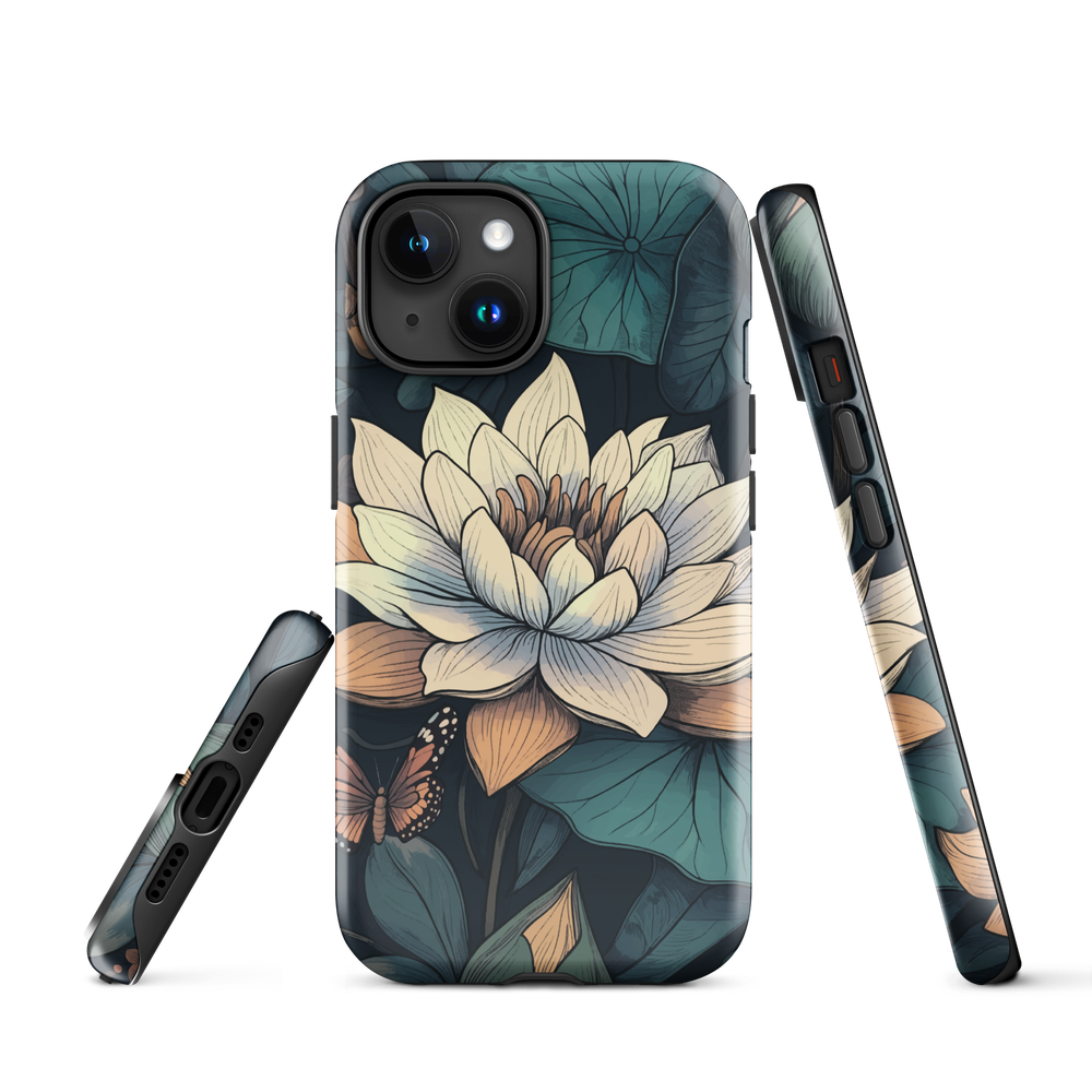 Phone case with ivory water lily, green leaves, and butterfly accents on dark background
