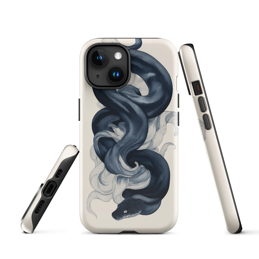 Phone case with black python and smoke design on cream background