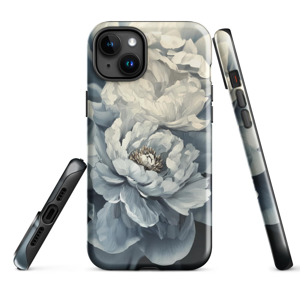 'Whisper' iPhone case features a stunning close-up of softly painted peony blooms in dreamy shades of ivory, grey, and smoky blue.