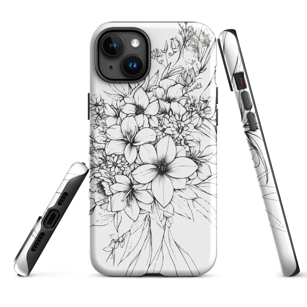 Black and white floral phone case with hand-drawn lilies and wildflowers