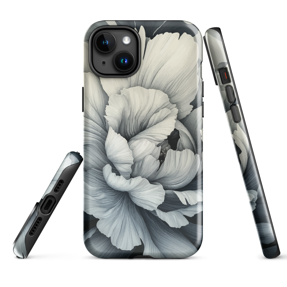 Black and white floral phone case featuring a soft, moody peony design by New Zealand artist Ben Hart.