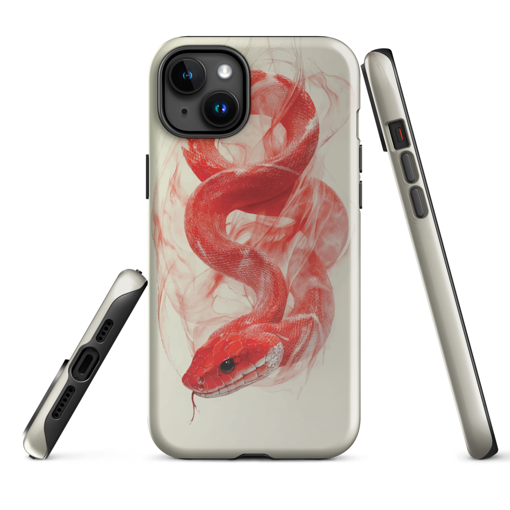 Phone case with red snake design on a cream background, coiled in smoky detail. Bold artwork by NZ designer Ben Hart.