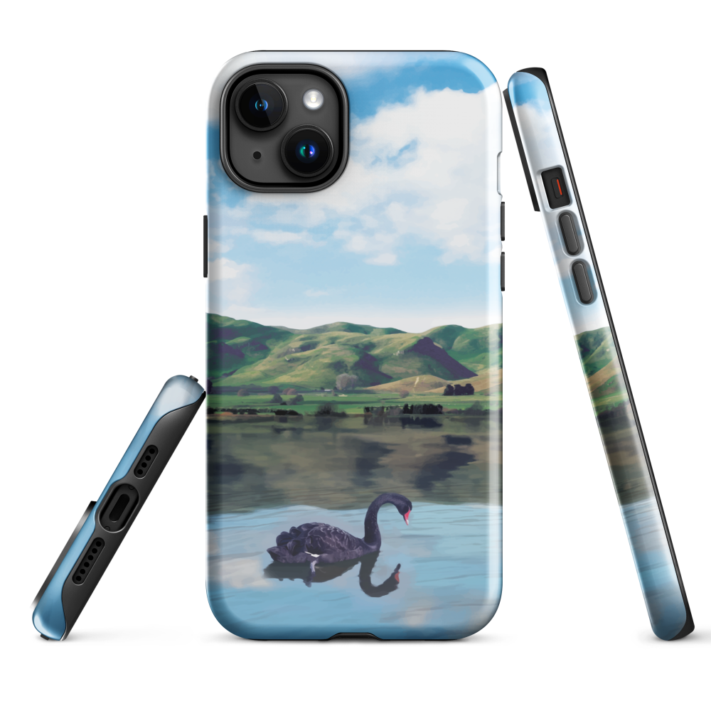 Phone case with a black swan on a calm lake, New Zealand hills in the background. Art by NZ designer Ben Hart.