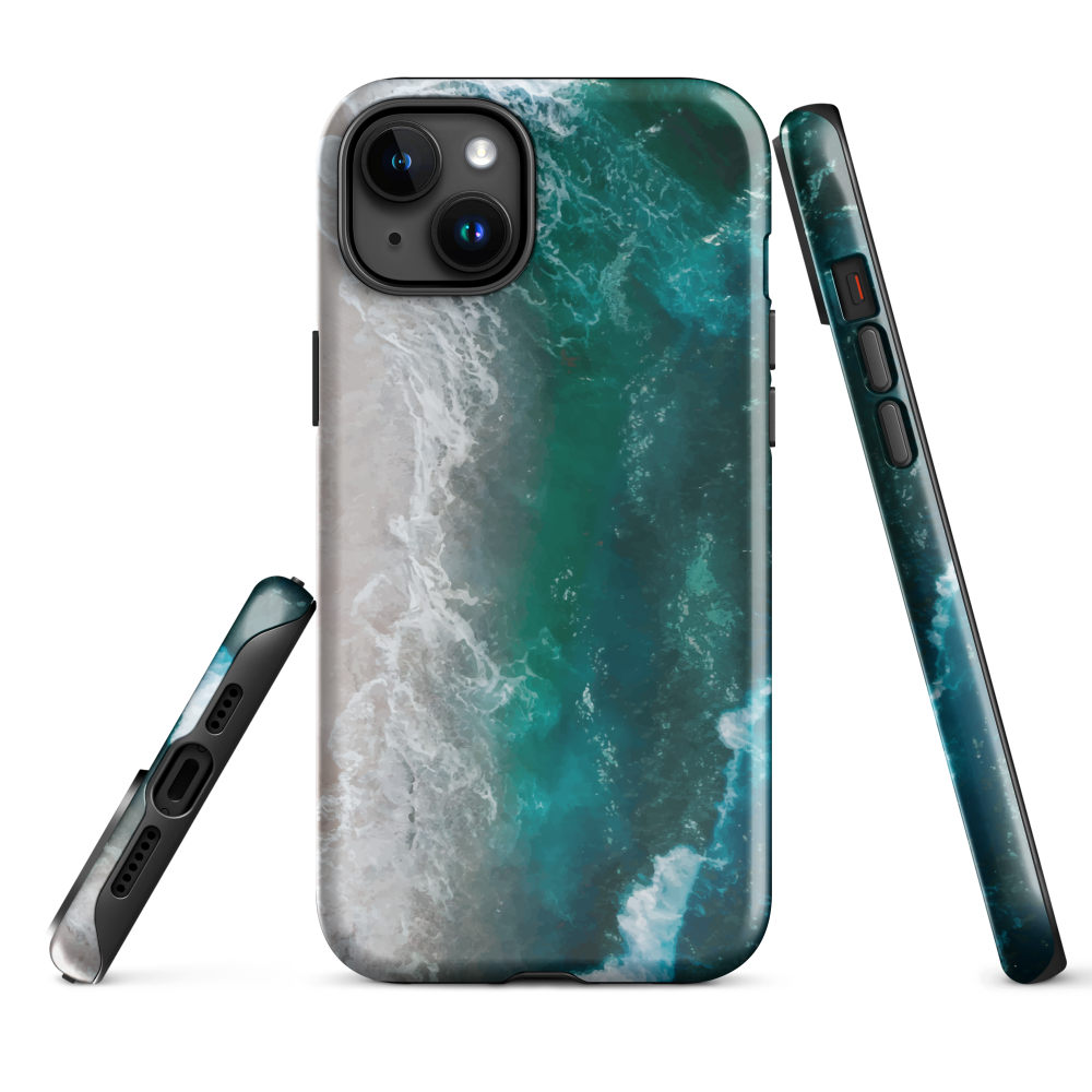 Ocean wave phone case with abstract beach design in teal and white, by NZ artist Ben Hart.