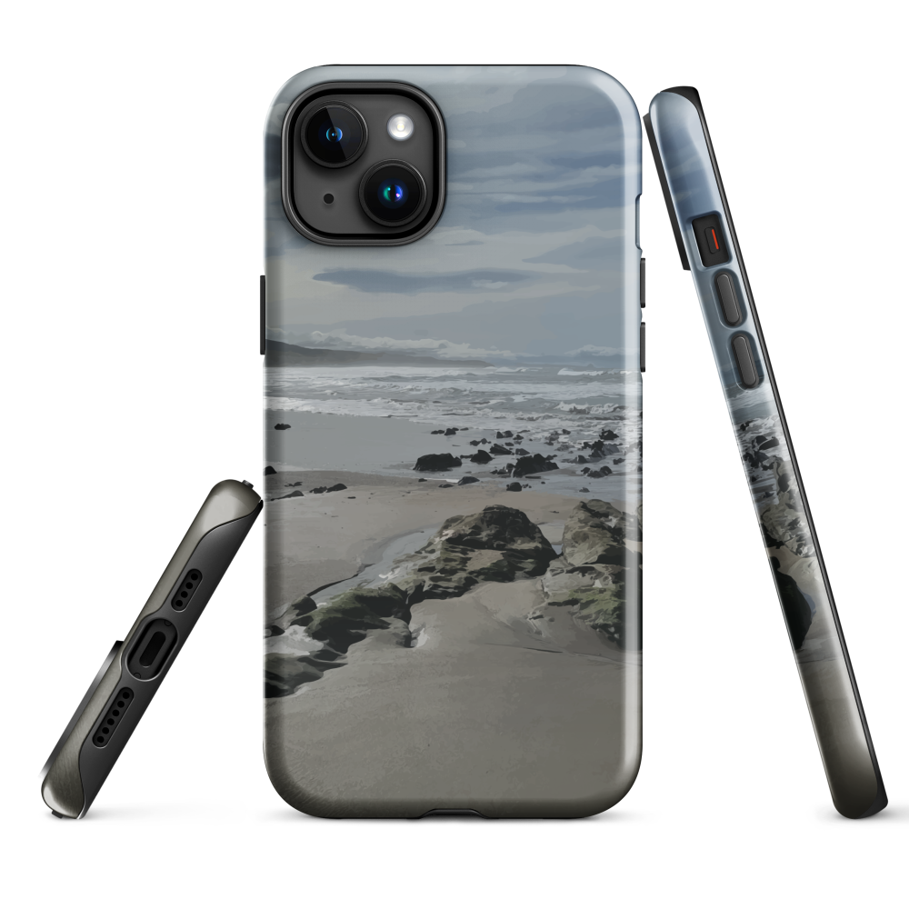 Phone case with artwork of Riversdale Beach, Masterton – rocks, waves and sky by NZ artist Ben Hart.