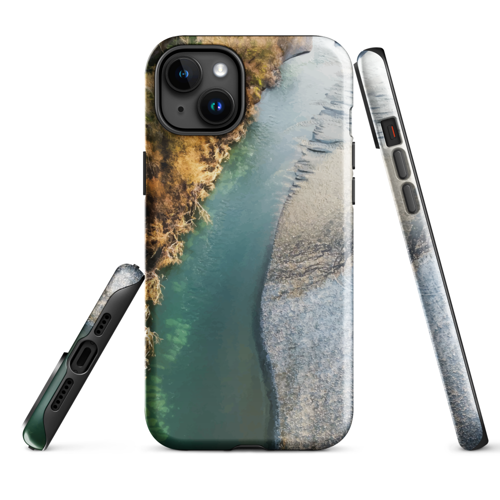 Phone case with aerial riverbend artwork and earthy tones, designed by New Zealand artist Ben Hart.