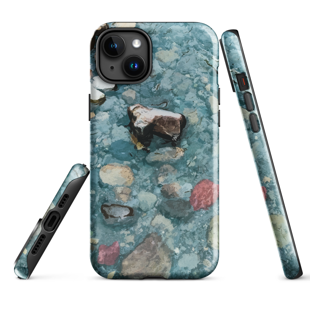 Washed Away designer phone case with abstract river stone artwork in earthy blues and natural tones.
