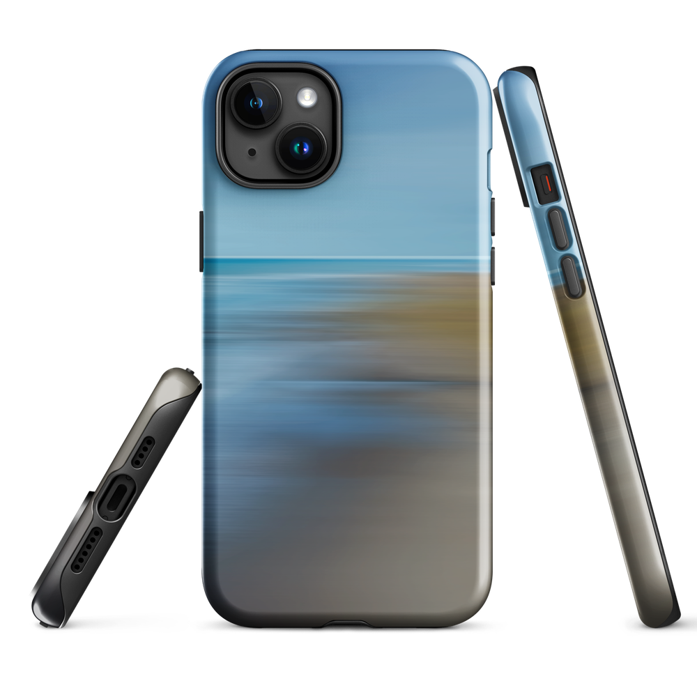 Ocean Breeze phone case with abstract blue and sandy tones inspired by sea and sky.
