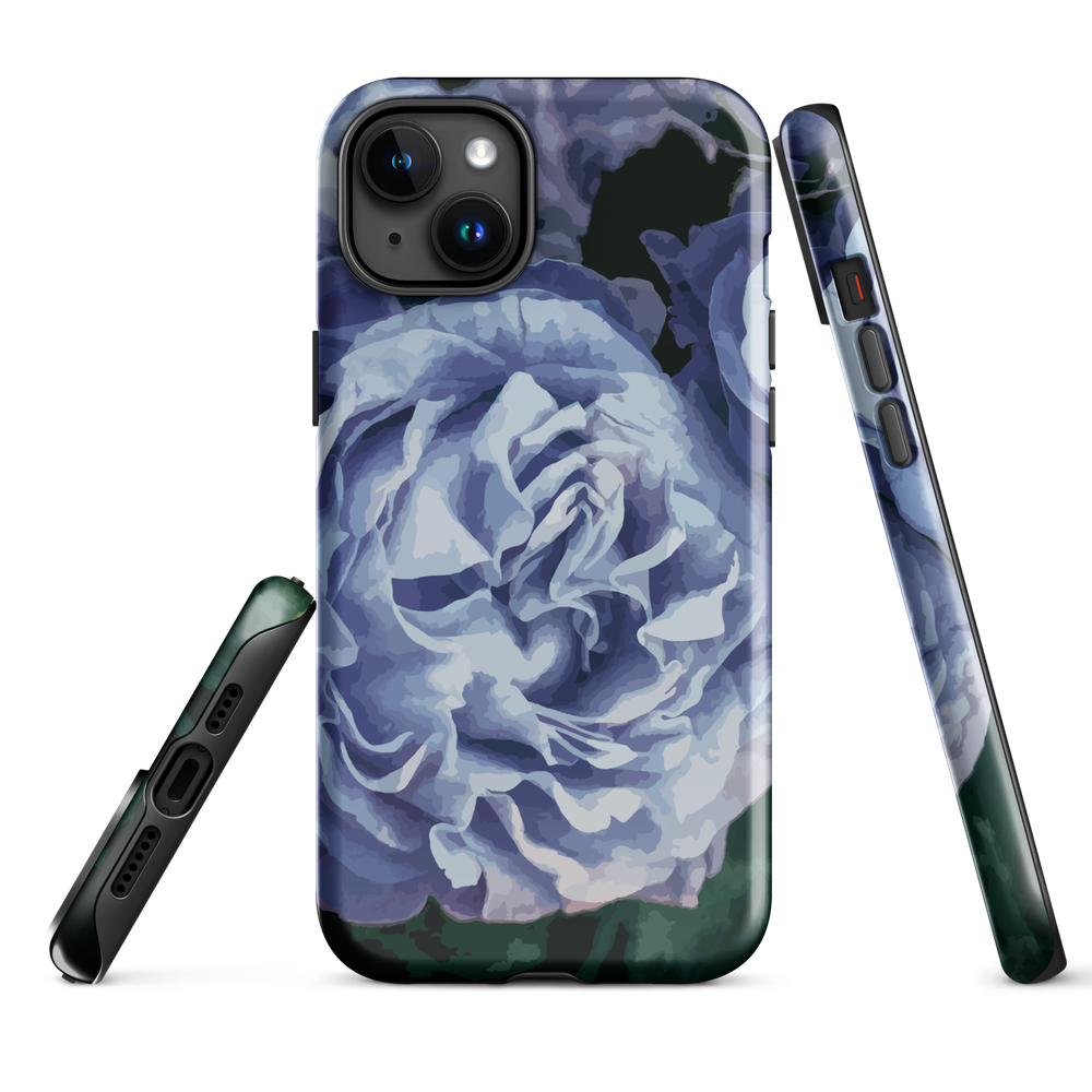 Designer phone case with a bold blue rose artwork and glossy finish.