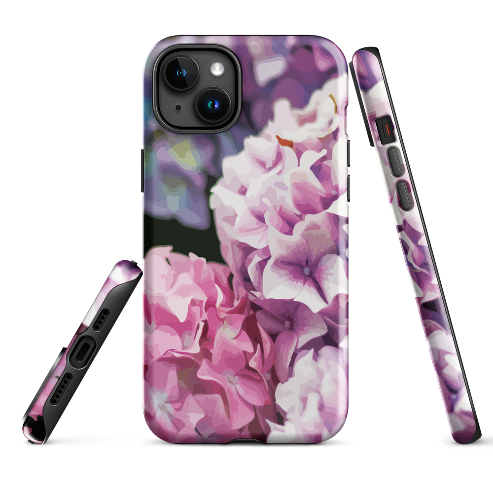 Designer phone case with pink and purple hydrangea floral artwork.