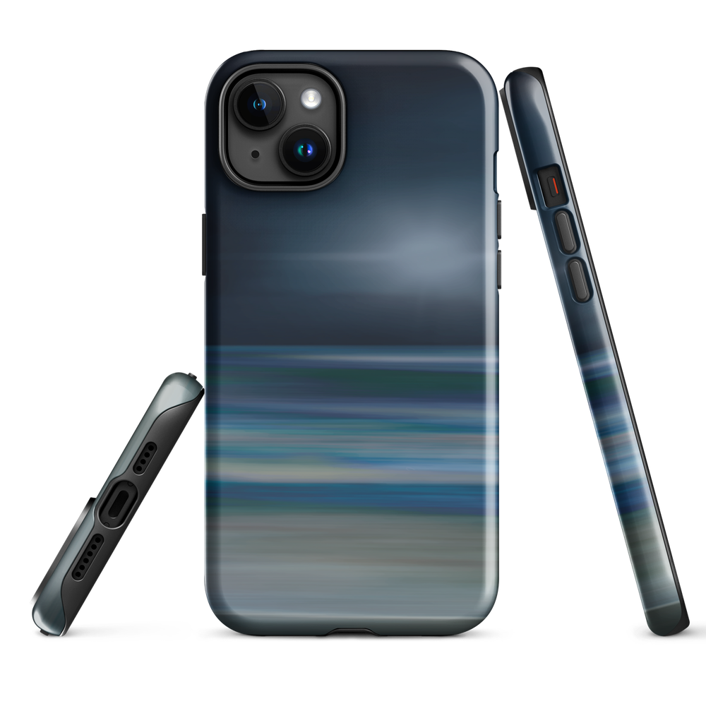 Dark abstract phone case with blue and grey streaks and glossy finish.