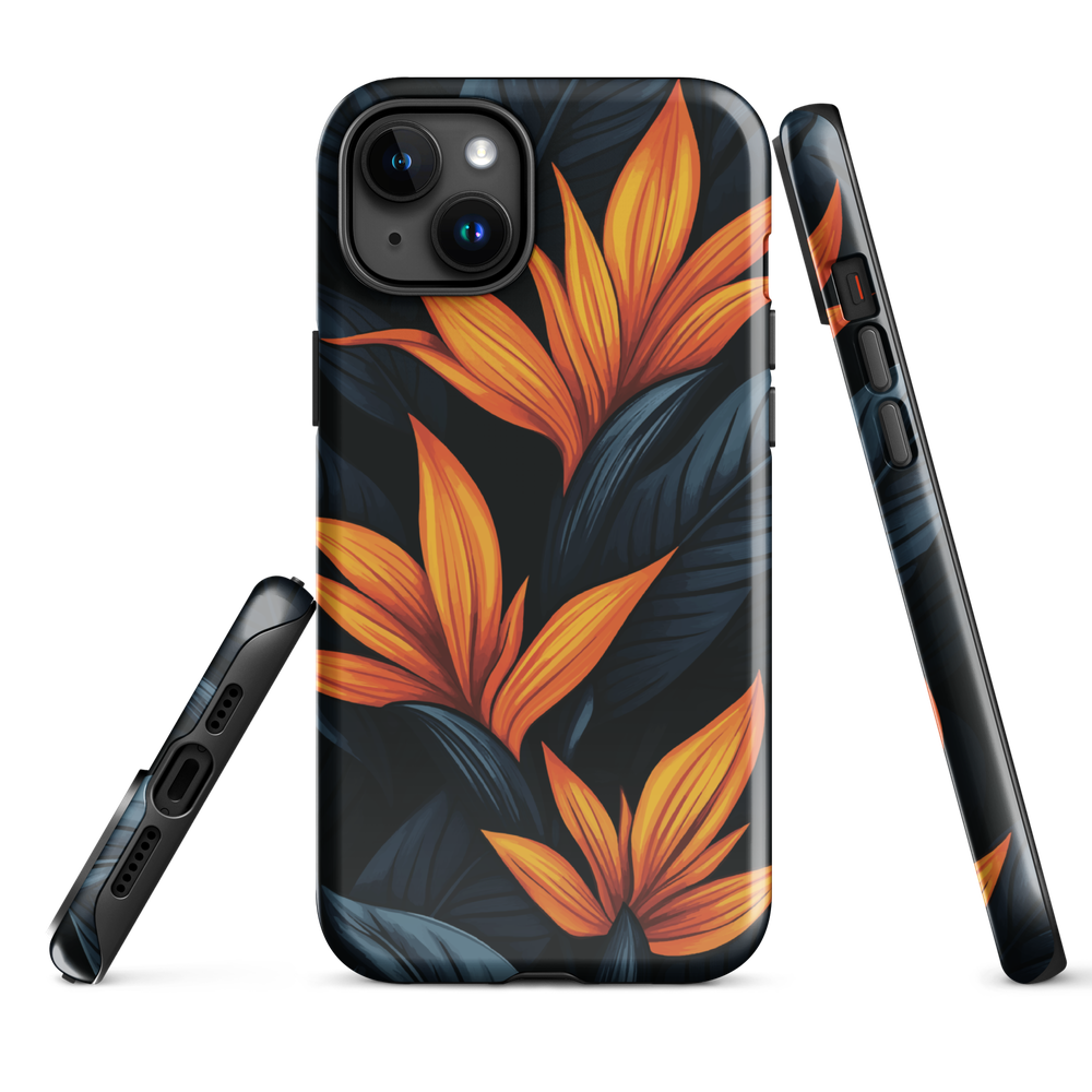 Phone case with bold orange bird of paradise flowers on dark background.