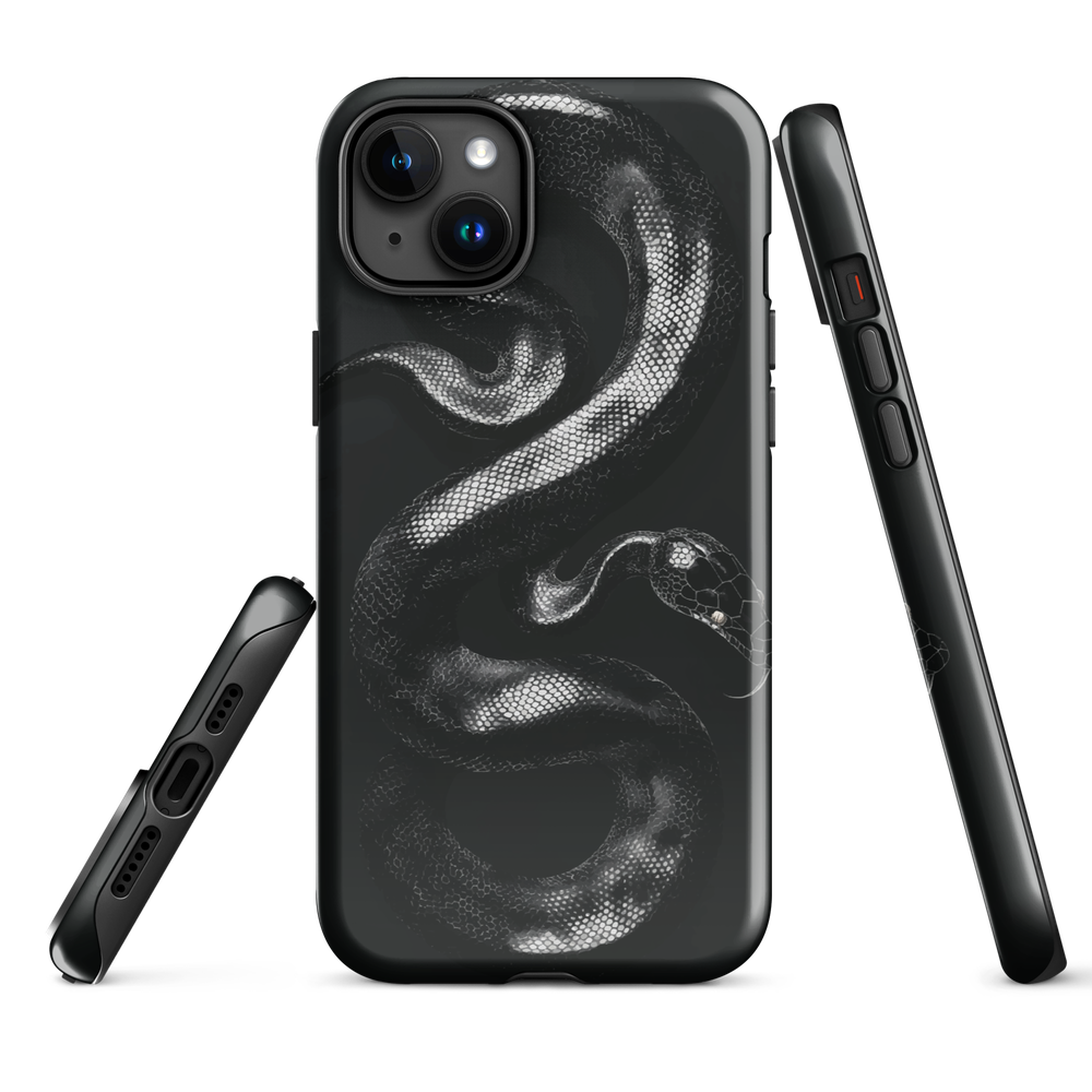Phone case with detailed black python design on dark background.