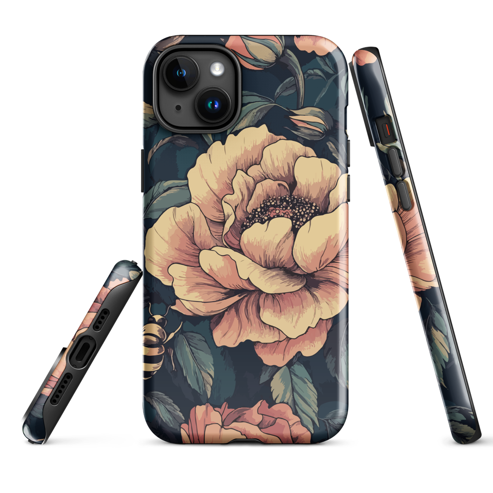 Phone case with vintage-style pink roses and bees on dark background, floral New Zealand artwork.