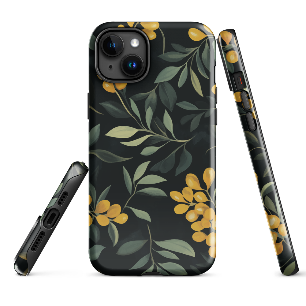 NZ Kowhai phone case with native yellow floral and green leaves on black background by designer Ben Hart.