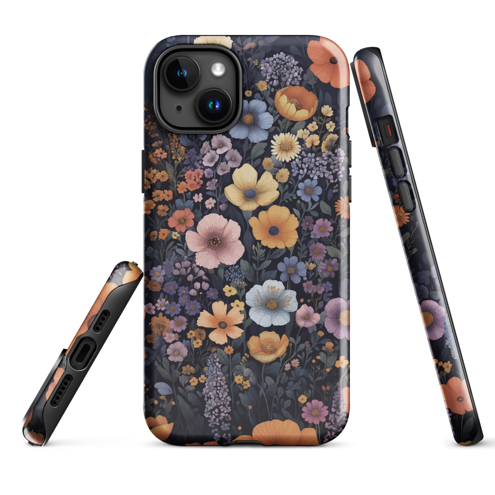 Phone case with colourful wildflowers on dark background, floral art design