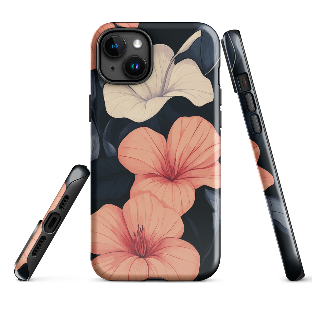 Phone case with coral hibiscus flowers and ivory blooms on dark background