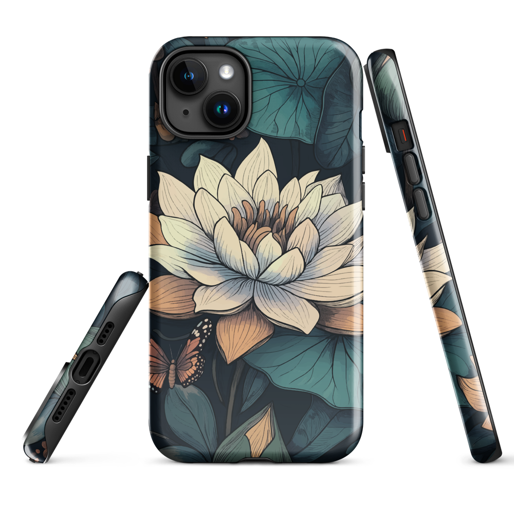 Phone case with ivory water lily, green leaves, and butterfly accents on dark background