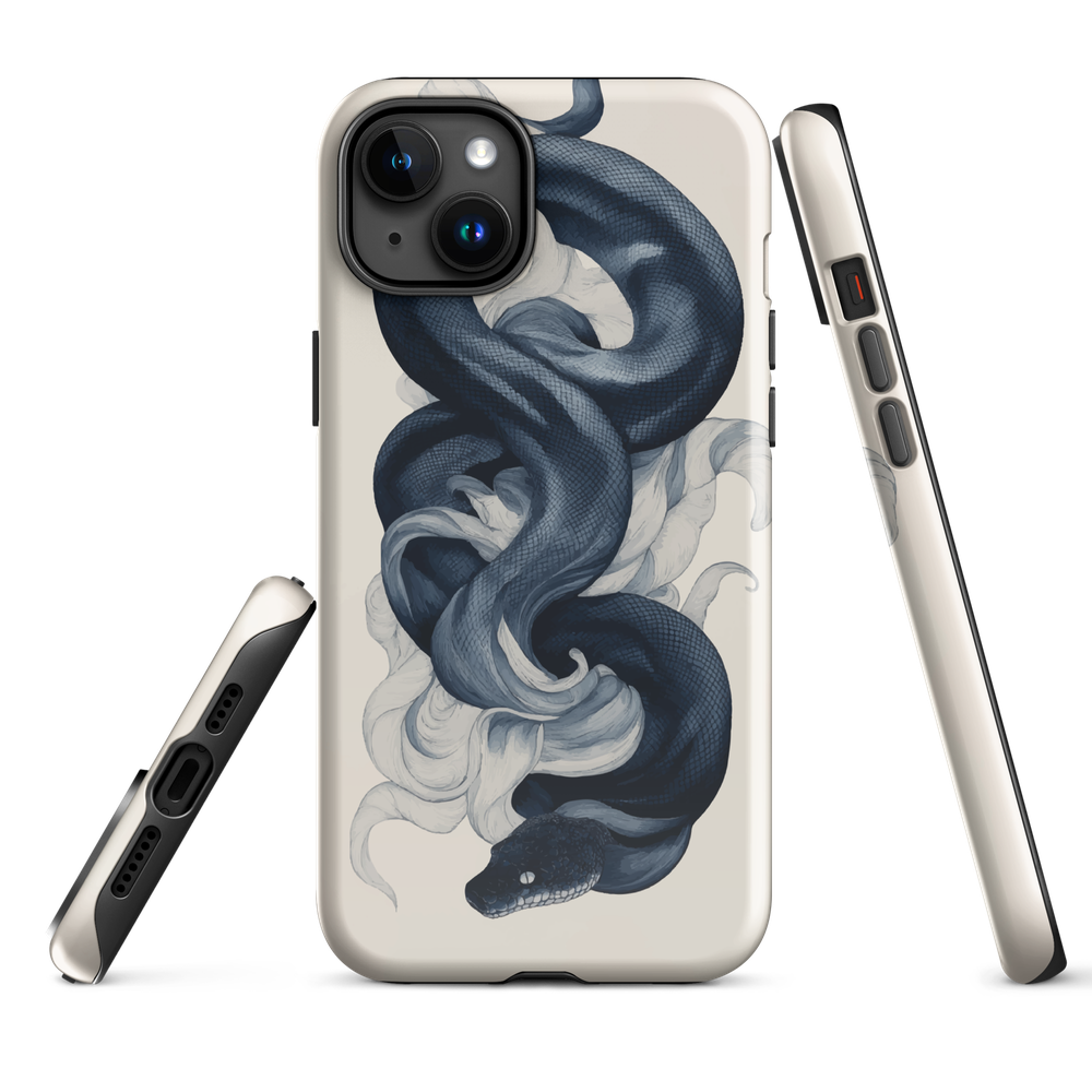 Phone case with black python and smoke design on cream background