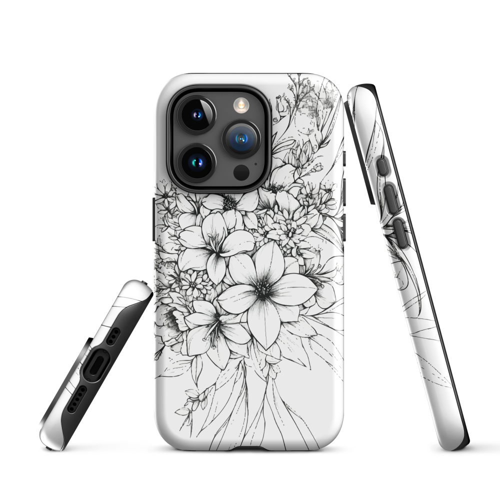 Black and white floral phone case with hand-drawn lilies and wildflowers