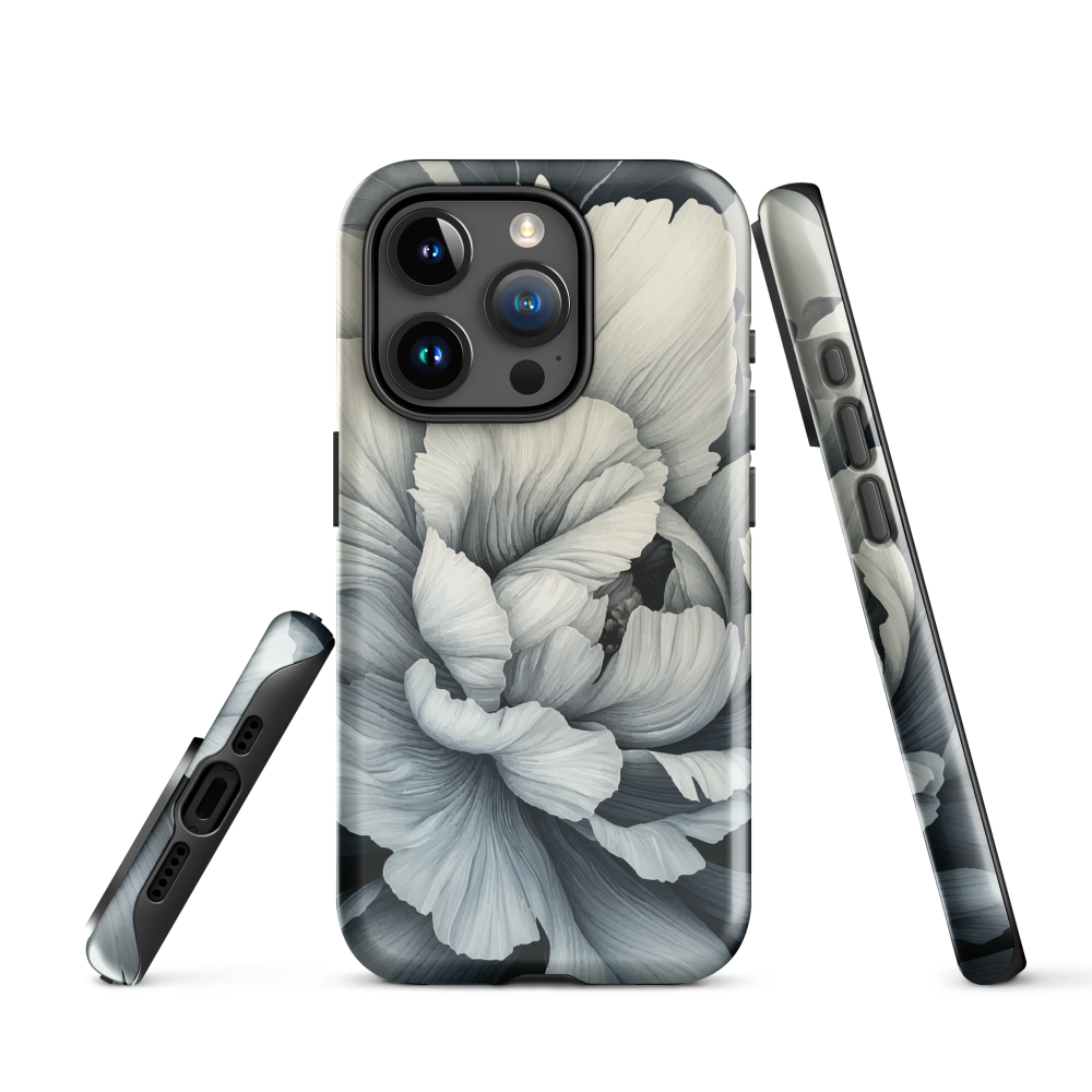Black and white floral phone case featuring a soft, moody peony design by New Zealand artist Ben Hart.