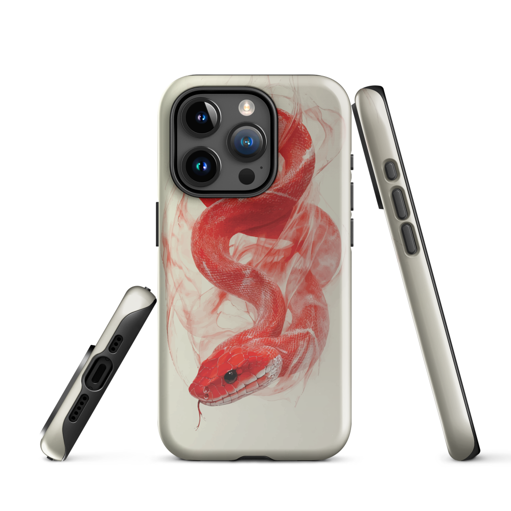 Phone case with red snake design on a cream background, coiled in smoky detail. Bold artwork by NZ designer Ben Hart.