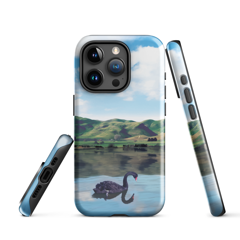 Phone case with a black swan on a calm lake, New Zealand hills in the background. Art by NZ designer Ben Hart.
