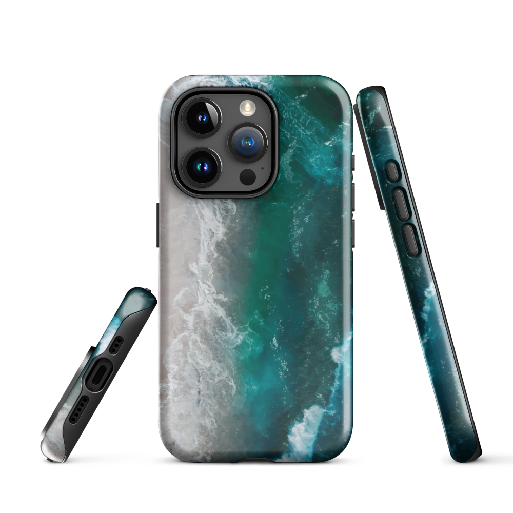 Ocean wave phone case with abstract beach design in teal and white, by NZ artist Ben Hart.