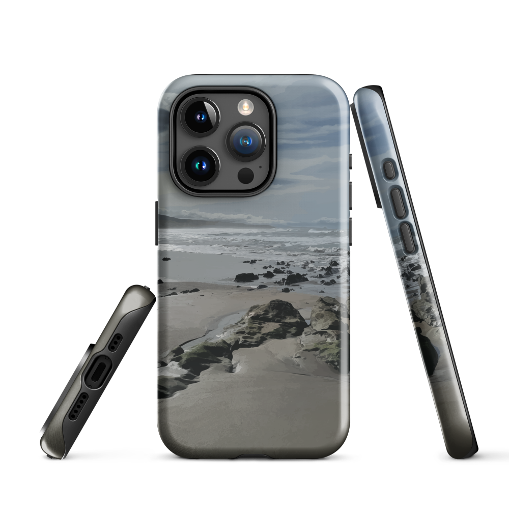 Phone case with artwork of Riversdale Beach, Masterton – rocks, waves and sky by NZ artist Ben Hart.