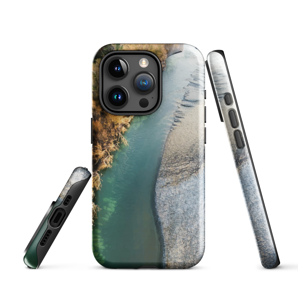Phone case with aerial riverbend artwork and earthy tones, designed by New Zealand artist Ben Hart.
