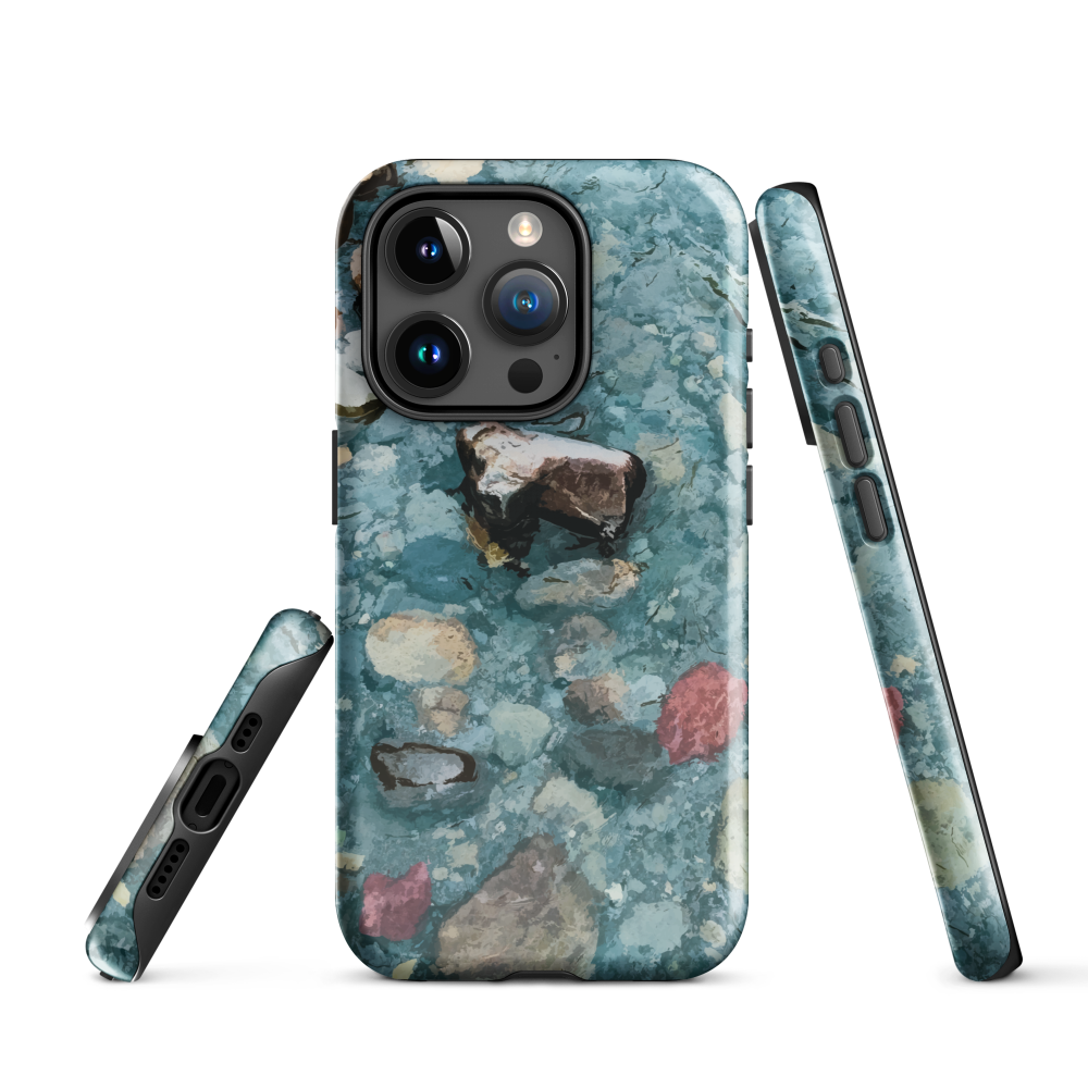 Washed Away designer phone case with abstract river stone artwork in earthy blues and natural tones.