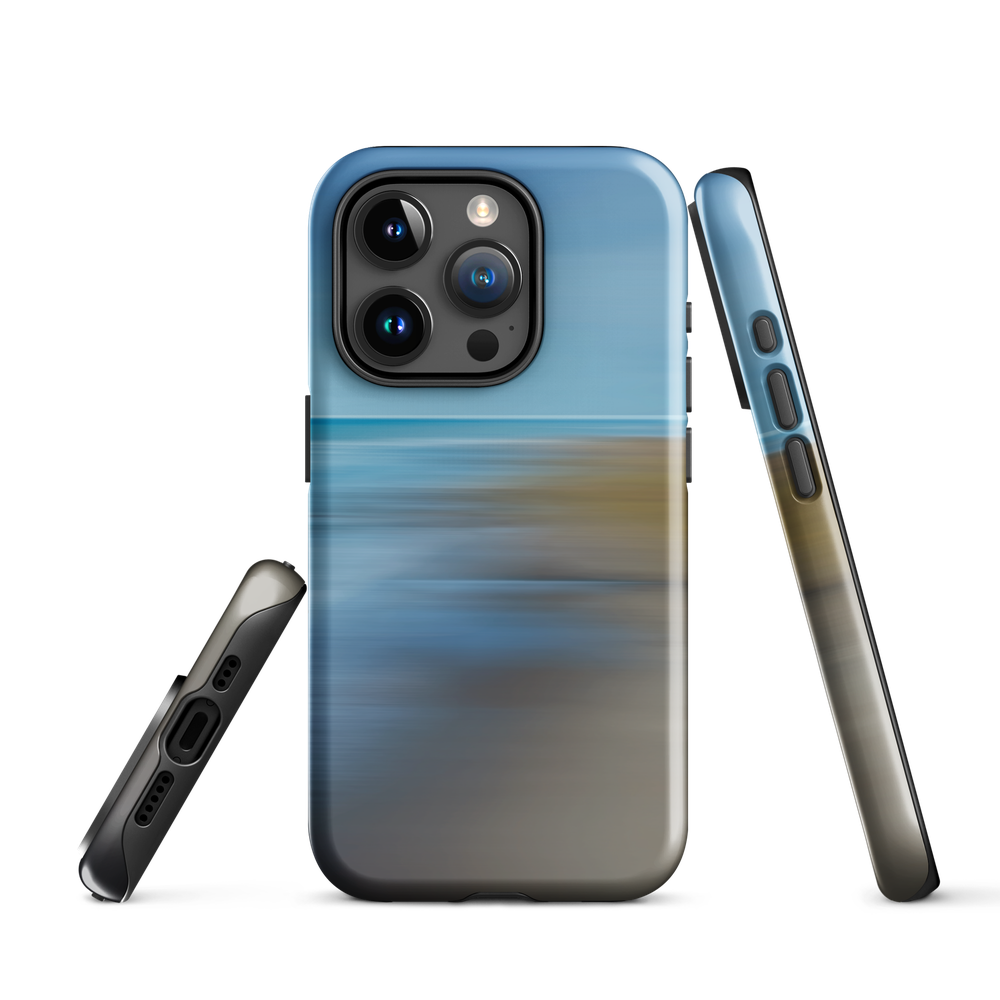 Ocean Breeze phone case with abstract blue and sandy tones inspired by sea and sky.