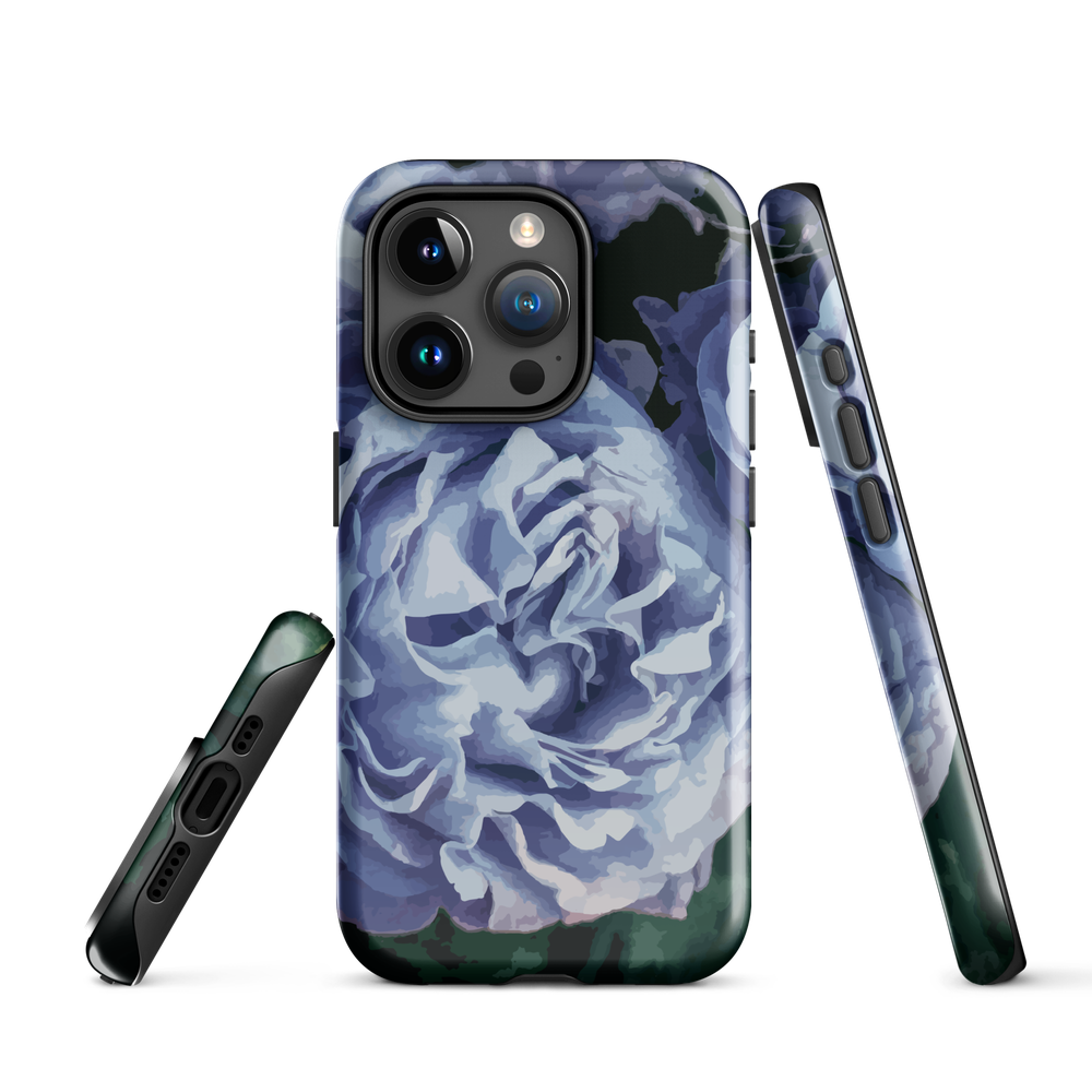 Designer phone case with a bold blue rose artwork and glossy finish.